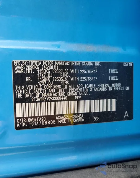 2019 Toyota Rav4 Xle из США, поврежденный, VIN 2T3W1RFV2KC008440